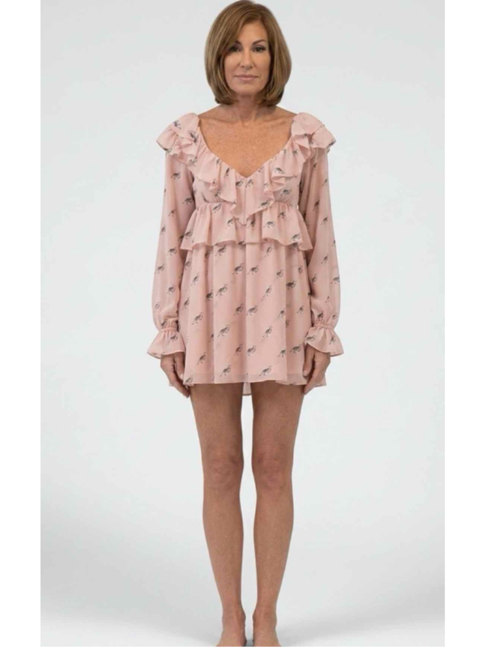 AFRM Arland Kitten Dot Ruffle Long Sleeve Babydoll Mini Dress Size Medium NWT